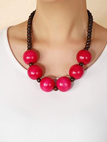 COLORFUL BLING Ethnic Large Chunky Wooden Beaded Necklaces Boho African Statement Necklace Handmade Tribal Collar Choker Bib Jewelry - color: six beads rose
