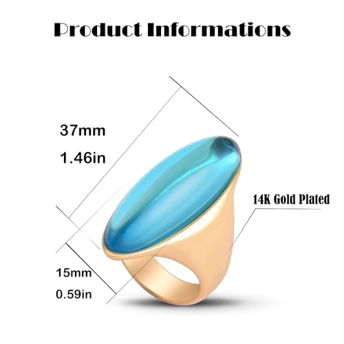 HAIXIAN Exaggerated Gemstone Ring,Big 14K Gold Plated Eye Shape Stone Chunky Statement Ring,Cocktail Party Ring Jewelry Gift for Women - color: A03_Azure
