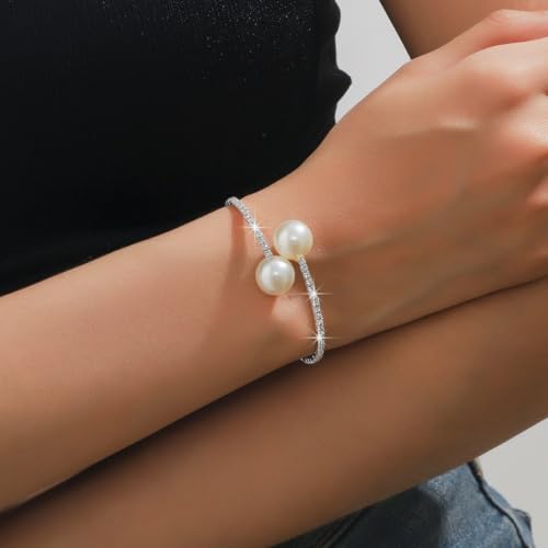 Gold Jewelry Set for Prom,Pearl Necklace Earrings Bracelet Crystal Bridal Wedding Prom Dresses Costume Jewelry Accessories Rhinestone Bridal Jewelry Set for Women - color: Silver Pearl