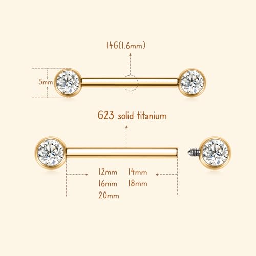 AROWRO Nipple Piercing Jewelry Nipple Rings Titanium Nipple Rings Implant Grade Hypoallergenic 14G Internally Threaded Straight Barbells with Cubic Zirconia Opal Gold Silver Rose Gold Black 12mm 14mm 16mm 18mm 20mm - color: Gold+White Opal