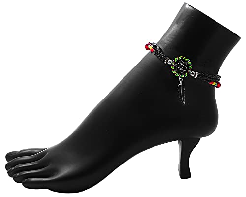 Mia Jewel Shop Dream Catcher Feather Charm Dangle Seed Beaded Multi Strand Anklet - Womens Southwest Fashion Handmade Jewelry Boho Accessories - color: Rasta/Black