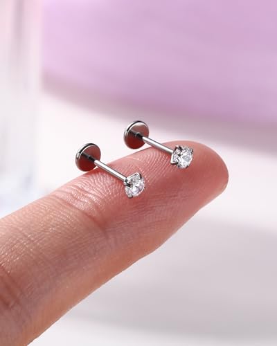 2PCS 20G/18G/16G Titanium Flat Back Nose Studs Internally Thread Cartilage Earring Studs Clear CZ Helix Tragus Earrings for Women Medusa Labret Stud Conch Piercing Jewelry Hypoallergenic - size: 0.8*8mm