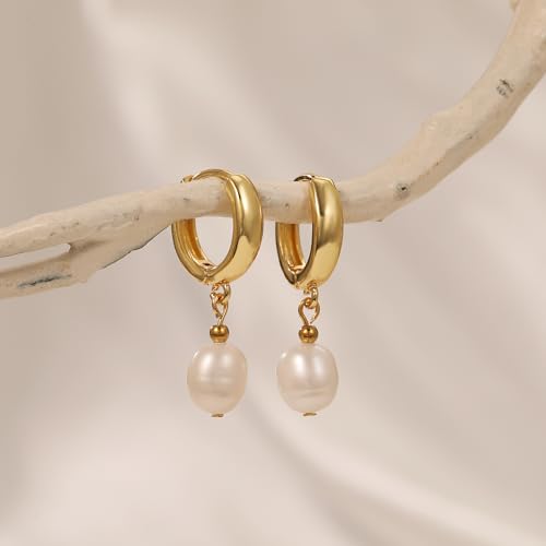 Pearl Earrings for Women 14K Gold Freshwater Pearl Hoop Earring Dangle Drop Wedding Earrings Bridal Bridesmaid Jewelry Gifts for Women - color: Gold Pearl Drop Hoops