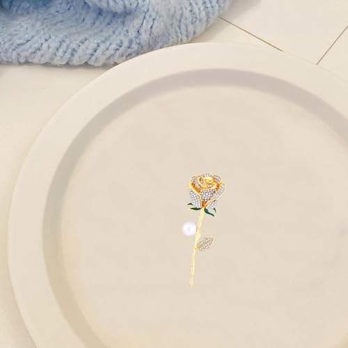 Anmpab Sparkling Rose Flower Brooch with Rhinestone Luxury Crystal Floral Pearl Pin for Women Wedding Bridal Jewelry for Blazer Dress Scarf Hat - color: Gold