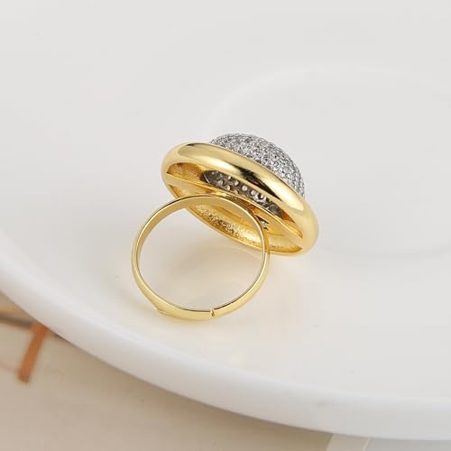 HZMAN Brass Crystal Adjustable Open Ring Collection, Multi-Style Statement Rings for Women & Men, Mix Cut & Paved Crystal Designs - color: Two-Tone Round Ring