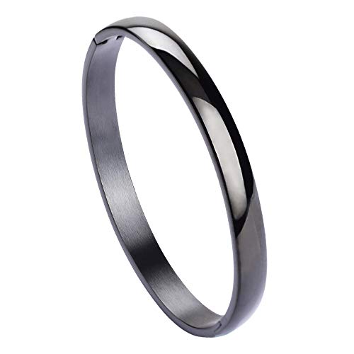 Womens 6MM Stainless Steel Brecelet Plain Polished Finish Cuff Bangle - color: Black(Engraved)