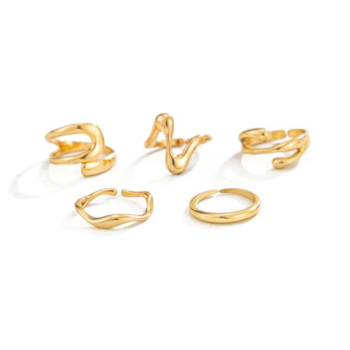 5Pcs Toe Rings for Women Non Tarnish 14K Gold Plated Toe Rings Dainty Adjustable Band Wave Toe Ring Stackable Open Toe Ring Set Summer Beach Waterproof Foot Jewelry Accessaries