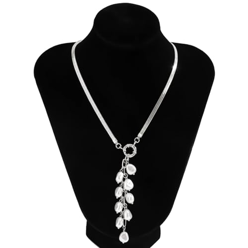 Women's Baroque Beaded Y Necklace, Trendy Pendant Long Choker, Simple Daily Wear Jewelry Gift - color: Silver