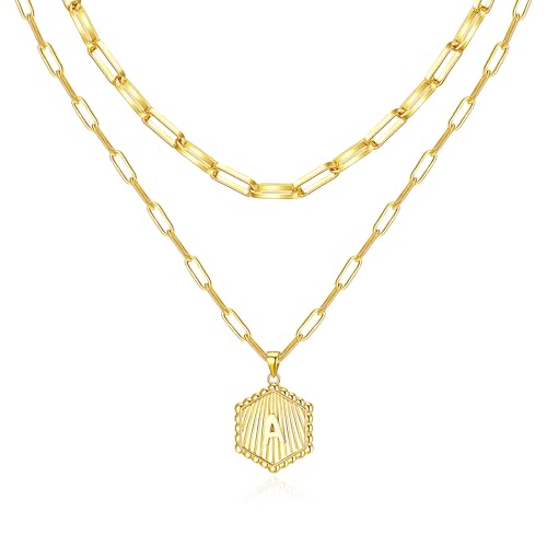 Layered Initial Necklace for Women | Gold Plated Paperclip Chain with Sunburst Hexagon Letter Pendant | Double Layer Alphabet Necklace | Personalized Minimalist Jewelry Gift - color: A
