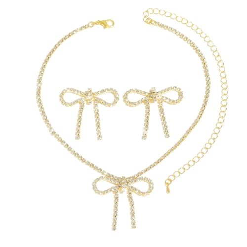 Gold Rhinestone Jewelry Set for Women Crystal Choker Necklaces Drop Earrings Adjustable Bracelet Elegant Prom Bridal Jewelry - color: Gold A