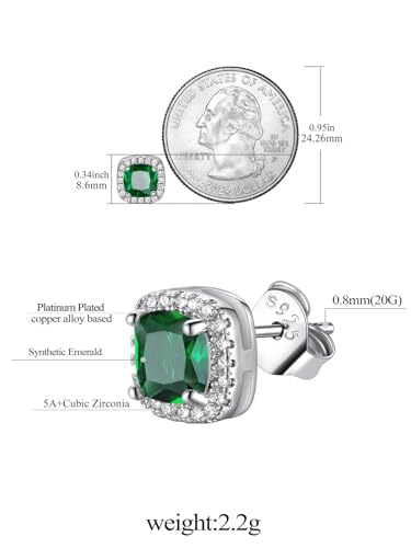 FindChic Birthstone Earrings for Women, Round/Heart/Square/Teardrop Earrings with 925 Sterling Silver Posts & Push Backs, Hypoallergenic Studs with Cubic Zirconia, 12 Months Jewelry with Gift Box - style: 05. May-Emerald (Square)