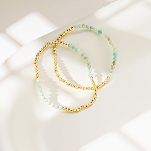 Kainier Gold Beaded Bracelets for Women 2Pairs 14K Gold Plated Stretch Bracelet Set Stackable Tarnish Dainty Natural Stone Bead Bracelets Gift - color: Aventurine