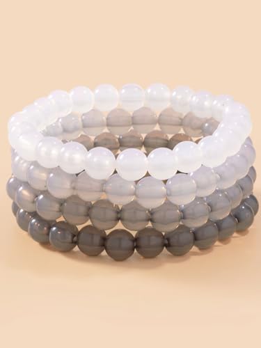 4Pcs Natural Stone Beaded Bracelet Set Women Stretch Crystal Beads Stack | Smooth round polished beads; neutral gray & white tone palette; durable stretch cord fits most wrist sizes comfortably.