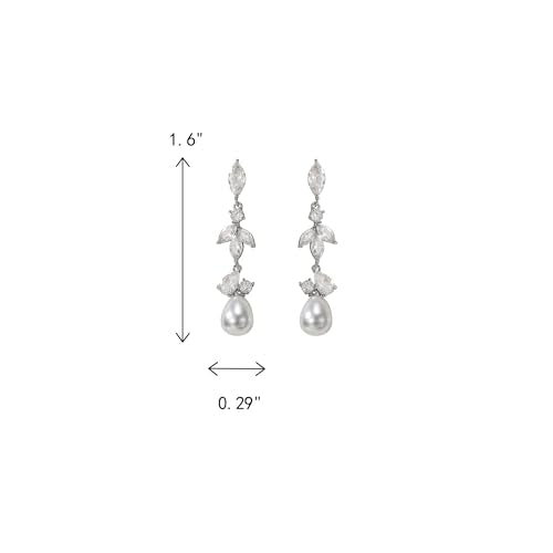 Crysdue Simulated Pearl Earrings for Women, Dainty Silver/Gold/Rose Gold Plated Cubic Zirconia Drop Dangle Earrings Wedding Jewelry for Bride Bridesmaid - style: K_CZ+ pearl, Silver