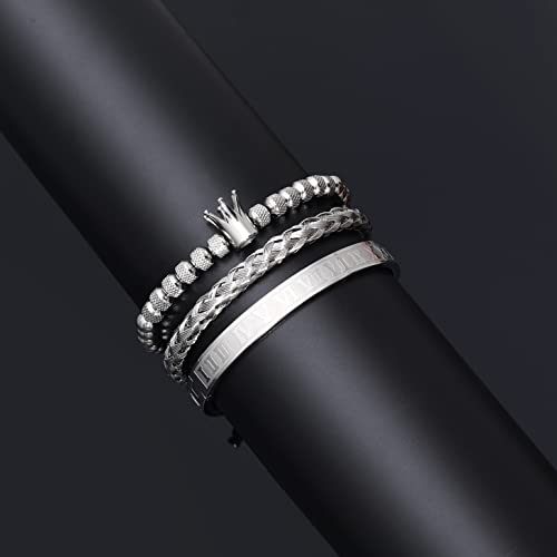 WFYOU 3PCS Stainless Steel Imperial Crown Bracelets for Men Gold Roman Numeral Bangle Bracelet Adjustable Cuff Bracelet Mens Luxury Jewelry Gifts - style: 10:Silver- Crown