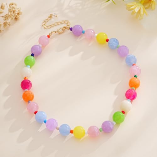 Colorful Chunky Beaded Necklaces for Women Multicolor Large Round Resin Beads Collar Necklace Boho Trendy Statement Chokers Y2K Summer Beach Jewelry - color: Candy Rainbow