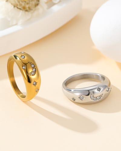 YeGieonr Gold Rings for Women Non Tarnish, 18K Gold Plated Stainless Steel North Star Signet Ring, Waterproof Dainty Pinky Statement Ring, Tarnish Free Gold Jewelry for Women - color: Moon&Star Dome
