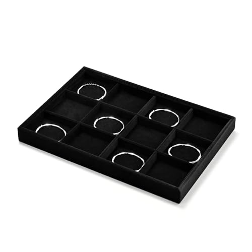 Black Velvet 12 Grid Divided Jewelry Display Organizer Tray | Soft elegant black velvet 12-grid divided tray, classified jewelry storage for home vanity, drawers, retail & trade shows - size: 12 Grid