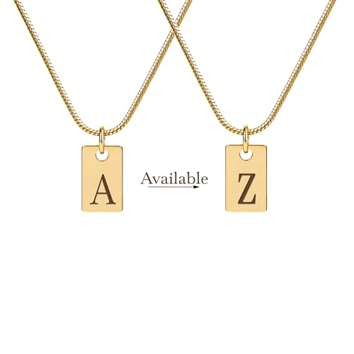 Initial Necklace in 18K Gold Plated, Personalized Engraved Letter Pendant, Gold Snake Chain, 6×10 mm Rectangle Charm for Women - color: D