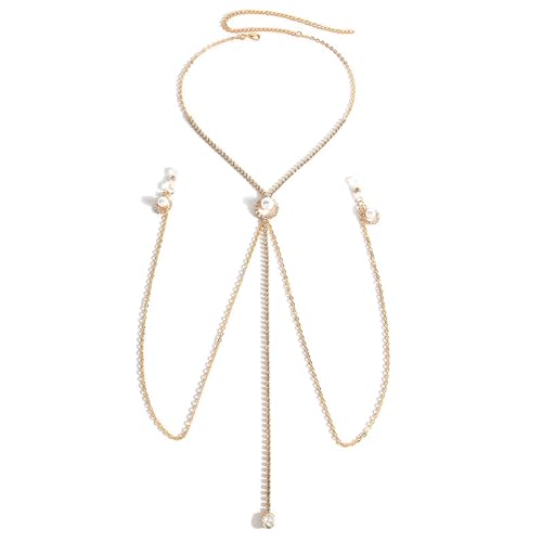 Sexy Rhinestone Pearl Tassel Non Piercing Nipple Chain Jewelry for Women Crystal Drop Chest Chain Festival Rave Nipple Body Jewelry for Party - color: Gold
