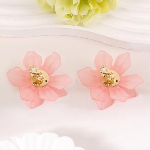 LAXPICOL Fashion Big Flower Clip On Earrings For Women Cute Lovely Acrylic Flower Earrings No piercing Earrings 2.36" - color: pink