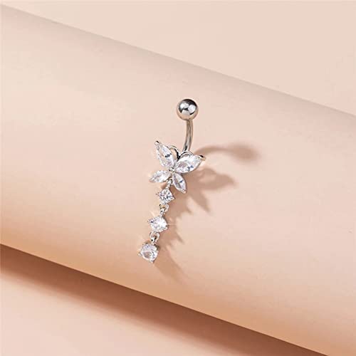 MODRSA Gold Belly Button Ring Dangle Belly Rings Silver Pink Dangling Dangly Belly Button Piercing Hypoallergenic Surgical Steel Opal Butterfly Navel Rings for Women Cute Dainty Navel Jewelry - color: A41-3pcs dangle- silver