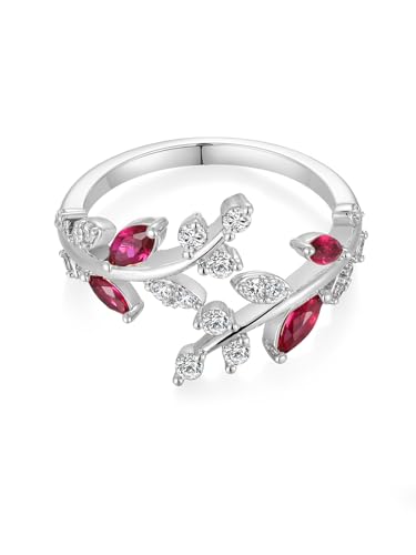 Silver Leaf Ring for Women 925 Sterling Silver Yellow Gold Plated CZ Inlaid Marquise Sapphire/Ruby/Emerald Cocktail Rings Size 6 to 10 - color: Ruby - Silver