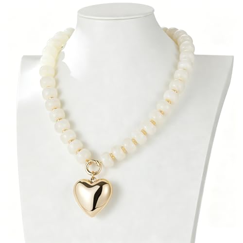 Chunky Heart Necklaces for Women Colorful Resin Beaded Necklaces for Women Gold Puffy Heart Statement Necklace Trendy Acrylic Choker Jewelry Gift - color: B-White