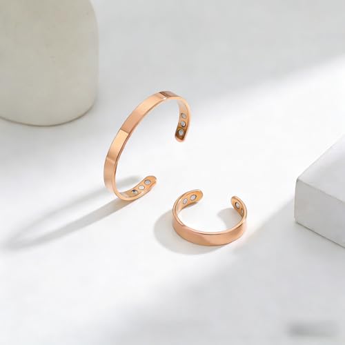 Calming Bracelet Ring Set for Women, Menopause Bracelets Adjustable Bangle Stainless Steel Cuff Climacterium Anxiety Stress Relief Energy Open Jewelry Gift - color: Rose Gold + Rose Gold