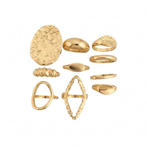Chunky Gold Square Knuckle Ring Set for Women – 7-Piece Minimalist Natural Stone & Organic Disc Statement Rings, Earthy Textured Stackable Finger Jewelry Accessories Gift Set