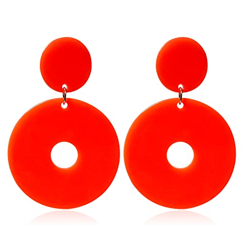 Retro Simple Acrylic Neon Earrings Hollow Round Dangle Drop Earrings for Women Girls Resin Geometric Statement Earrings 70s 80s Earrings Party Jewelry - color: orange