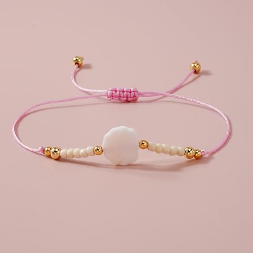Boho Glass Seed Beaded Bracelets For Women, Handmade Romantic Gold Plated charm String Braided Rope Adjustable Jewelry, Summer Beach Daily Party Friendship Gift - color: Pink Shell