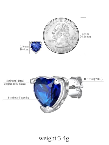 FindChic 2 Carat Birthstone Stud Earrings for Women, Round/Heart/Princess Cut Stud Earrings, Hypoallergenic Studs with 925 Sterling Silver Posts, 12 Months Birthday Jewelry Gift - color: 09. September-Sapphire(Heart Cut)