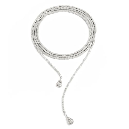 Long Black Beaded Necklace for Women Trendy Gold Beads Slip Tie Pearl Wrap Necklace Layered Silver Lariat Necklaces with Pearl Drop Y Statement Necklaces Versatile Elegant Jewelry - color: silver
