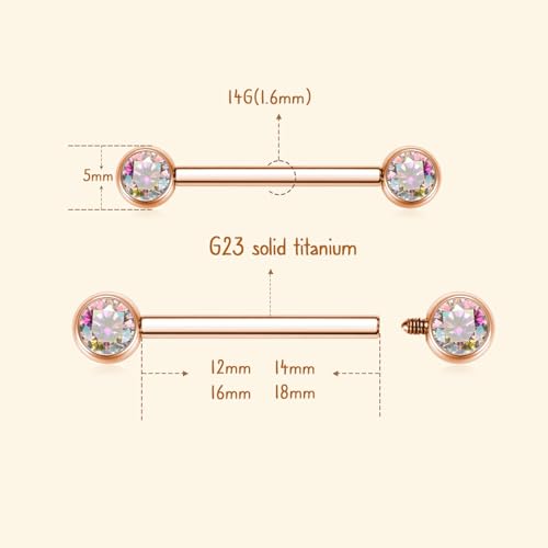 AROWRO Nipple Piercing Jewelry Nipple Rings Titanium Nipple Rings Implant Grade Hypoallergenic 14G Internally Threaded Straight Barbells with Cubic Zirconia Opal Gold Silver Rose Gold Black 12mm 14mm 16mm 18mm 20mm - color: Rose Gold+Clear ABCZ