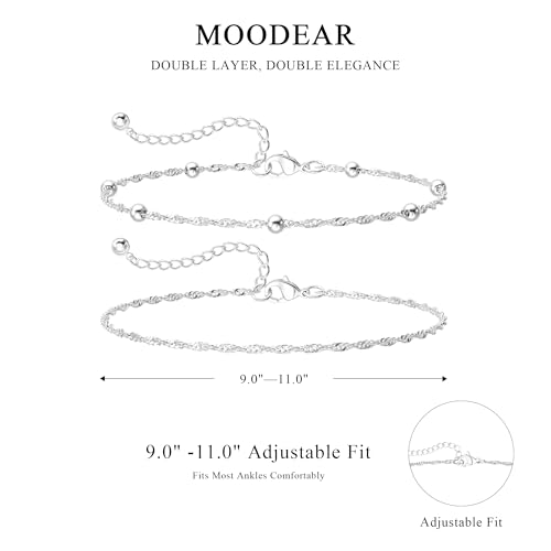 Moodear Ankle Bracelets for Women 14K Silver Plated Layered Chain Anklets | Waterproof Non Tarnish Adjustable Double Layer Anklet with Satellite Bead Chain Design for Summer Beach Jewelry Gift - color: silver-3