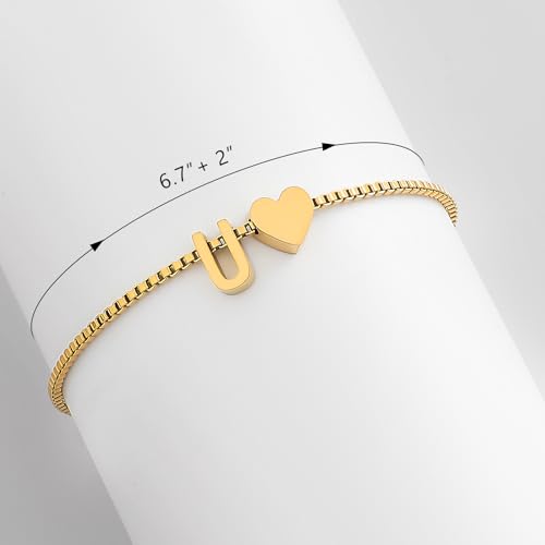 Gold Initial Bracelet for Women Dainty Personalized Name Bracelet | 14K Gold Plated, Letter A-Z Bracelet, Tiny Gold Initial Cute Heart Bracelet Jewelry Gift - color: U