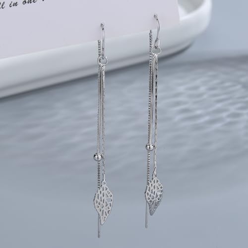925 Sterling Silver Dangle Earrings with Charms Heart, Water drop, Moon, Star Long Drop Earring for Women Jewelry Gifts Hypoallergenic - color: leaf hanging