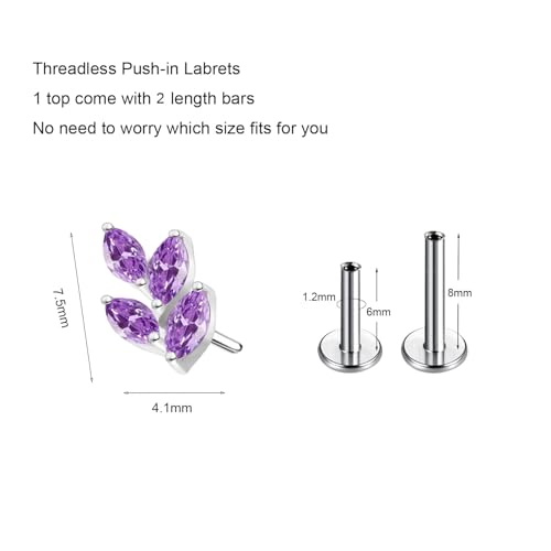 G23 Titanium Flat Back Earrings Studs 20g 18g 16g F136 Titanium Labrets Press Fit Threadless Push In Dainty Cartilage Helix Conch Lobe Lip Tragus Piercing Jewelry Push Back - style: 4eye-purple