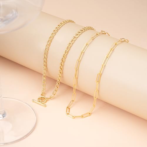 Layered Necklaces for Women 14k Gold Plated Chain Necklace Trendy Dainty Toggle Clasp Chunky Cuban Link Paperclip Chain Jewelry Gift - style: Style 5:Paperclip+Chunky Chain