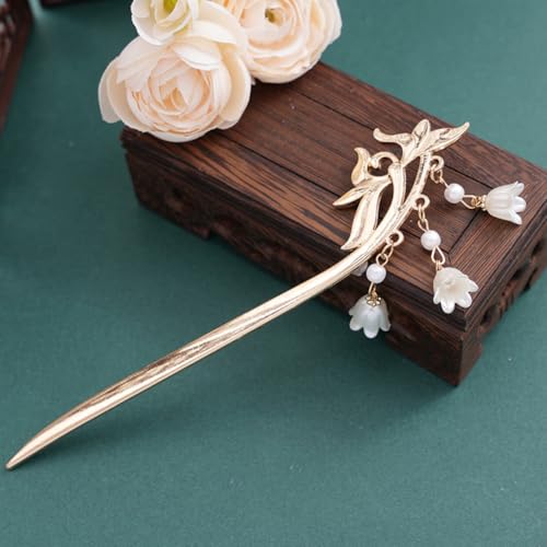 8 Pieces Retro Vintage Asian Japanese Gold Metal Long Hair Sticks Pins with Pearl Jade Tassels Pendants Chinese Hanfu Hair Chopsticks Picks Bun Forks Holders Hairpins Headpieces (Set A)