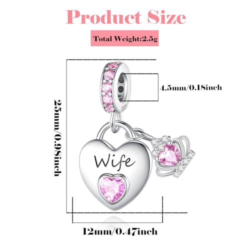 Family Charms for Charms Bracelet: 925 Sterling Silver Heart Dangle Charms for Bracelets and Necklaces, Birthday Mother's Day Christmas Jewelry Gifts For Women. - color: Wife