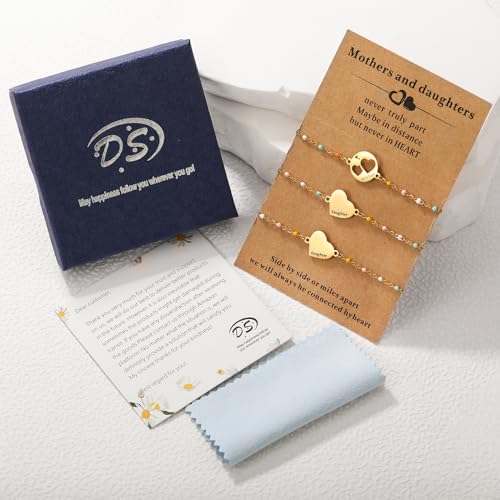 DS Mother Daughter Matching Bracelets,Adjustable Stainless Steel Gift Set | mother’s Day & Birthday Gift Box,Heart Charm,Mommy & Me Style,18K Gold Plated,Hypoallergenic,Daily Wear,Fits Women Teen Girls - color: Gold-5