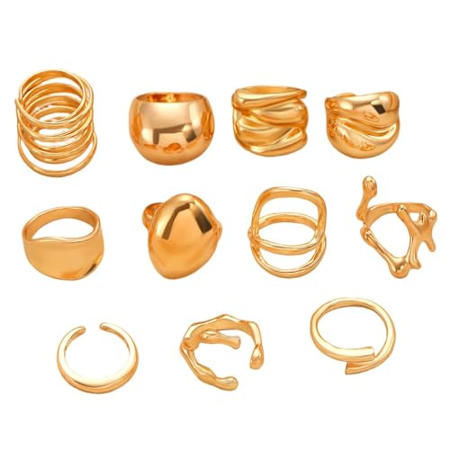 Chunky Gold Rings for Women Rhinestone Stackable Knuckle Ring Set Open Adjustable Statement Ring Set Dainty Crown Cross Midi Rings Fashion Jewelry Gift for Women - color: Gold6