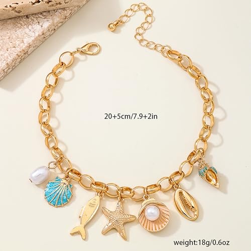 Gold Ocean Beach Charm Anklet for Women Boho Starfish Seashell Pearl Fish Pendant Adjustable Ankle Bracelet Summer Beach Vacation Jewelry Gift