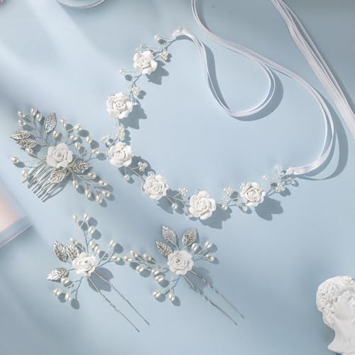 Wedding Hair Accessories Hair pieces Set Crystal bridal hair pins Rhinestone Pearl Hair comb Brides and Bridesmaids, Girls, Women((4PCS/SET SILVERY) - color: white
