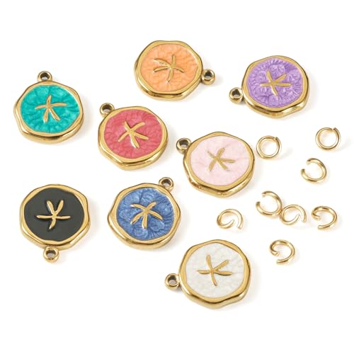 8Pcs Colorful Starfish Enamel Charms Ocean Animal Starfish Charms Stainless Steel Pendant with Jump Rings Golden for DIY Jewelry Making Necklace Bracelet Keychain - color: Starfish