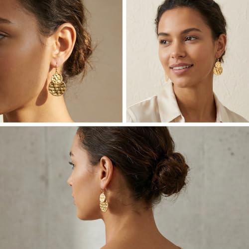 Antique Gold Hammered Disc Drop Earrings Boho Earrings with Two Tone Jewelry Gift - color: AMZ-EH21299A-L