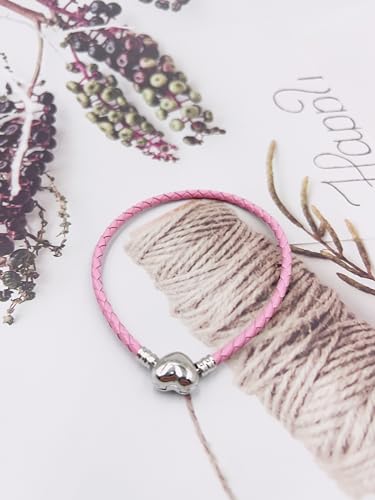 GMXLin Leather Charm Bracelet Heart Snap Clasp Clip Lock Handmade Braided Wristband Compatible with Women Pandora Charm Bead - color: Pink