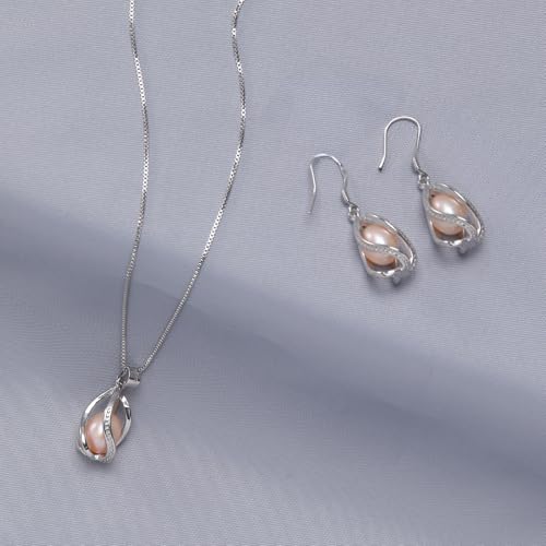 Pearl Jewelry Set For Women S925 Sterling Silver/14K Gold Plated Necklace & Earrings Set Freshwater Pearl Pendant Cage Set for Wedding Anniversary Prom Birthday Gift - color: Silvery-Pink